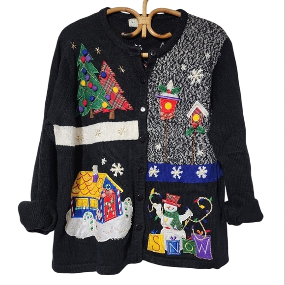 Vintage black patchwork buttondown holiday snow man Christmas tree knit sweater - Picture 1 of 8